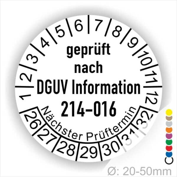 Prüfplakette DGUV Information 214–016 „Austauschbare Kipp‐ und Absetzbehälter“. Farbe Weiß, Startjar- 26
