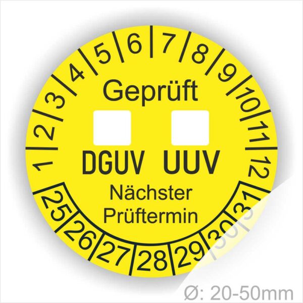 Prüfetikette rund mit dem TEX "DGUV UVV" mit Kästchen zum Ankreuzen. Text in Schwarz, Platten Farbe- Gelb, Startjahr- 25