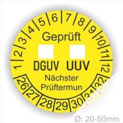 Prüfplaketten DGUV UVV mit Kästchen zum Ankreuzen Prüfplaketten rund mit dem TEX "DGUV UVV". Text in Schwarz, Platten Farbe- Gelb Starjahr 26