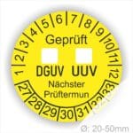 Prüfplaketten rund mit dem TEX "DGUV UVV" mit Kästchen zum Ankreuzen. Text in Schwarz, Platten Farbe- Gelb Starjahr 27