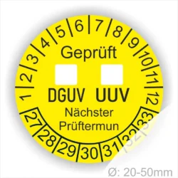 DGUV UVV Prüfplakette gelb rund mit Ankreuzfeld, Monatsanzeige und Jahresring zur Kennzeichnung des nächsten Prüftermins – selbstklebender Prüfaufkleber Ø 20–50 mm