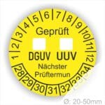 Prüfplaketten rund mit dem TEX "DGUV UVV" mit Kästchen zum Ankreuzen. Text in Schwarz, Platten Farbe- Gelb Starjahr 28