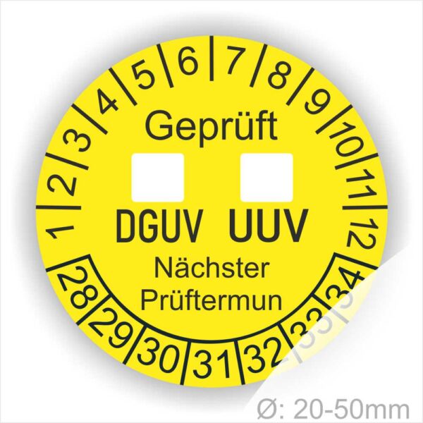 Prüfplaketten rund mit dem TEX "DGUV UVV" mit Kästchen zum Ankreuzen. Text in Schwarz, Platten Farbe- Gelb Starjahr 28