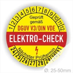 Prüfetiketten, Prüfplaketten rund, Farbe- Gelb in der Mitte ein Streifen in Rot, Text oberer Teil "Geprüft gemäß DGUV V3/DIN VDE" in Schwarz. Mittig Streifen in Rot mit dem Text " ELEKTRO-CHECK", danach Elektropfeil in Rot Startjahr- 24, Monatszahlen Oben und Jahreszahlen Unten in Kreisform. Über den Jahreszahlen Text "Nächster Prüftermin"