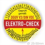 Prüfetiketten, Prüfplaketten rund, Farbe- Gelb in der Mitte ein Streifen in Rot, Text oberer Teil "Geprüft gemäß DGUV V3/DIN VDE" in Schwarz. Mittig Streifen in Rot mit dem Text " ELEKTRO-CHECK", danach Elektropfeil in Rot Startjahr- 29, Monatszahlen Oben und Jahreszahlen Unten in Kreisform. Über den Jahreszahlen Text "Nächster Prüftermin"
