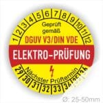 Prüfaufkleber, Prüfsiegel rund, Farbe- Gelb in der Mitte ein Streifen in Rot, Text oberer Teil "Geprüft gemäß DGUV V3/DIN VDE" in Schwarz. Mittig Streifen in Rot mit dem Text " ELEKTRO-PRÜFUNG", danach Elektropfeil in Rot Startjahr- 29, Monatszahlen Oben und Jahreszahlen Unten in Kreisform. Über den Jahreszahlen Text "Nächster Prüftermin"