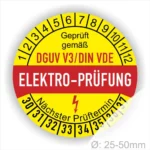 Elektro-Prüfplakette mit DGUV V3/DIN VDE Zertifizierung, zeigt den nächsten Prüftermin und eignet sich für Geräte mit einem Durchmesser von 25-50 mm.