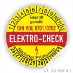Prüfetiketten, Prüfplakette rund, Farbe- Gelb in der Mitte ein Streifen in Rot, Text oberer Teil "Geprüft gemäß DIN VDE 701/702" in Schwarz. Mittig Streifen in Rot mit dem Text " ELEKTRO-CHECK", danach Elektropfeil in Rot Startjahr- 26, Monatszahlen Oben und Jahreszahlen Unten in Kreisform. Über den Jahreszahlen Text "Nächster Prüftermin"