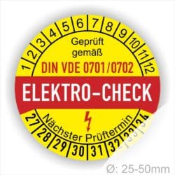 Prüfplaketten DIN VDE 701/702 Plakette, rund, Farbe- Gelb in der Mitte ein Streifen in Rot, Text oberer Teil "Geprüft gemäß DIN VDE 701/702" in Schwarz. Mittig Streifen in Rot mit dem Text " ELEKTRO-CHECK", danach Elektropfeil in Rot Startjahr- 27