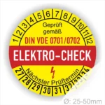 Alt-Text: Elektro-Check Prüfetikett gemäß DIN VDE 0701/0702, gelb mit rotem Schriftzug, zeigt den nächsten Prüftermin und hat einen Durchmesser von 25-50 mm.