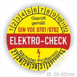 Prüfetiketten, Prüfaufkleber rund, Farbe- Gelb in der Mitte ein Streifen in Rot, Text oberer Teil "Geprüft gemäß DIN VDE 701/702" in Schwarz. Mittig Streifen in Rot mit dem Text " ELEKTRO-CHECK", danach Elektropfeil in Rot Startjahr- 27, Monatszahlen Oben und Jahreszahlen Unten in Kreisform. Über den Jahreszahlen Text "Nächster Prüftermin"