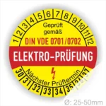 Elektro-Prüfplakette gemäß DIN VDE 0701/0702, gelb-rotes Design mit Prüfdatum und nächstem Prüftermin, Durchmesser 25-50 mm.