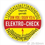 Alt-Text: Rundes Prüfzeichen für Elektro-Checks, geprüft gemäß DIN VDE/DGUV V3/4, mit Angaben zum nächsten Prüftermin und Durchmesser von 25-50 mm.