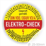 Rundes Prüfzeichen für Elektro-Checks, geprüft nach DIN VDE/DGUV V3/4, mit Angaben zum nächsten Prüftermin und einem Durchmesser von 25-50 mm.