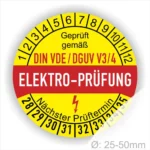 Prüfetiketten, Prüfplaketten rund, Farbe- Gelb in der Mitte ein Streifen in Rot, Text oberer Teil "Geprüft gemäß DIN-VDE/DGUV V3/4" in Schwarz. Mittig Streifen in Rot mit dem Text " ELEKTRO-PRÜFUNG", danach Elektropfeil in Rot Startjahr- 25, Monatszahlen Oben und Jahreszahlen Unten in Kreisform. Über den Jahreszahlen Text "Nächster Prüftermin"
