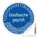 Prüfplaketten, Prüfetikette rund, Farbe- Blau, Text "Gasflasche geprüft" in Weiß. Startjahr- 24, Monatszahlen Oben und Jahreszahlen Unten in Kreisform. Über den Jahreszahlen Text "Nächster Prüftermin"