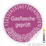 Prüfplaketten, Prüfetikette rund, Farbe- Lila, Text "Gasflasche geprüft" in Weiß. Startjahr- 24, Monatszahlen Oben und Jahreszahlen Unten in Kreisform. Über den Jahreszahlen Text "Nächster Prüftermin"