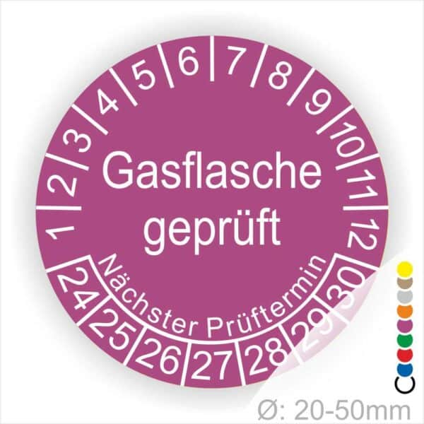 Prüfplaketten, Prüfetikette rund, Farbe- Lila, Text "Gasflasche geprüft" in Weiß. Startjahr- 24, Monatszahlen Oben und Jahreszahlen Unten in Kreisform. Über den Jahreszahlen Text "Nächster Prüftermin"