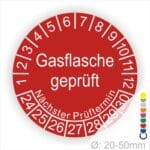 Prüfplaketten, Prüfetikette rund, Farbe- Rot, Text "Gasflasche geprüft" in Weiß. Startjahr- 24, Monatszahlen Oben und Jahreszahlen Unten in Kreisform. Über den Jahreszahlen Text "Nächster Prüftermin"