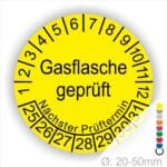 Prüfplaketten, Prüfetikette rund, Farbe- Gelb, Text "Gasflasche geprüft" in Schwarz. Startjahr- 25, Monatszahlen Oben und Jahreszahlen Unten in Kreisform. Über den Jahreszahlen Text "Nächster Prüftermin"