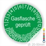 Prüfplaketten, Prüfetikette rund, Farbe- Grün, Text "Gasflasche geprüft" in Weiß. Startjahr- 25, Monatszahlen Oben und Jahreszahlen Unten in Kreisform. Über den Jahreszahlen Text "Nächster Prüftermin"