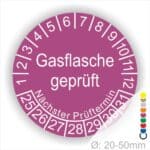 Prüfplaketten, Prüfetikette rund, Farbe- Lila, Text "Gasflasche geprüft" in Weiß. Startjahr- 25, Monatszahlen Oben und Jahreszahlen Unten in Kreisform. Über den Jahreszahlen Text "Nächster Prüftermin"