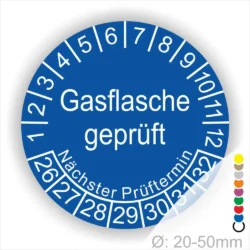 Blaues Prüfzeichen für Gasflaschen mit der Aufschrift "Gasflasche geprüft" und Angaben zum nächsten Prüftermin. Durchmesser von 20-50 mm.