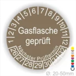 Alt-Text: Rundes Prüfsiegel für Gasflaschen mit der Aufschrift "Gasflasche geprüft" und Informationen zum nächsten Prüftermin. Durchmesser von 20-50 mm, geeignet für Sicherheitsüberprüfungen.