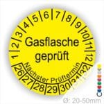 Prüfplaketten, Prüfetikette rund, Farbe- Gelb, Text "Gasflasche geprüft" in Schwarz. Startjahr- 26, Monatszahlen Oben und Jahreszahlen Unten in Kreisform. Über den Jahreszahlen Text "Nächster Prüftermin"