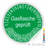 Gasflasche geprüft Prüfplakette grün rund mit Monats- und Jahresanzeige zur Markierung des nächsten Prüftermins – selbstklebender Prüfaufkleber Ø 20–50 mm