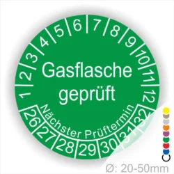 Gasflasche geprüft Prüfplakette grün rund mit Monats- und Jahresanzeige zur Markierung des nächsten Prüftermins – selbstklebender Prüfaufkleber Ø 20–50 mm
