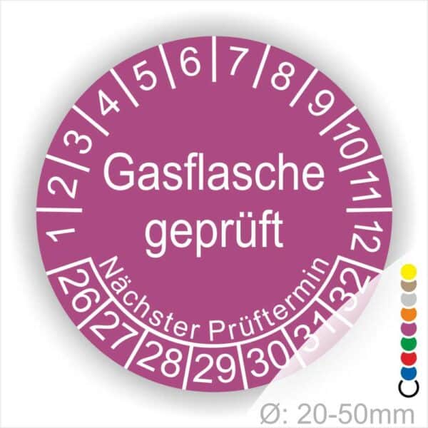 Prüfplaketten, Prüfetikette rund, Farbe- Lila, Text "Gasflasche geprüft" in Weiß. Startjahr- 26, Monatszahlen Oben und Jahreszahlen Unten in Kreisform. Über den Jahreszahlen Text "Nächster Prüftermin"