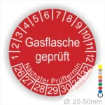 Runder Prüfaufkleber für Gasflaschen mit der Aufschrift "Gasflasche geprüft" und Angaben zum nächsten Prüftermin, geeignet für Flaschen mit einem Durchmesser von 20-50 mm.
