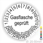 Prüfplaketten, Prüfetikette rund, Farbe- Weiß, Text "Gasflasche geprüft" in Schwarz. Startjahr- 26, Monatszahlen Oben und Jahreszahlen Unten in Kreisform. Über den Jahreszahlen Text "Nächster Prüftermin"