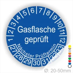 Blaues Prüfplakett für Gasflaschen mit dem Text "Gasflasche geprüft" und Angaben zum nächsten Prüftermin, geeignet für Flaschen mit einem Durchmesser von 20-50 mm.