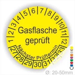 Gasflasche geprüft Prüfplakette gelb rund mit Monats- und Jahresanzeige zur Markierung des nächsten Prüftermins – selbstklebender Prüfaufkleber Ø 20–50 mm Startjahr 27