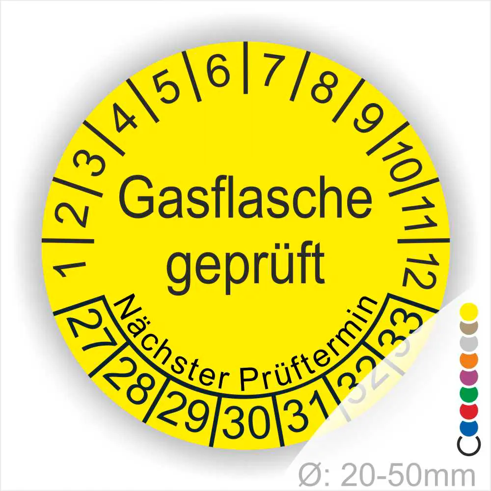 Gasflasche-geprüft-Prüfplakette-Starjahr-27-Farbe-gelb Gasflasche geprüft Prüfplakette gelb rund mit Monats- und Jahresanzeige zur Markierung des nächsten Prüftermins – selbstklebender Prüfaufkleber Ø 20–50 mm Startjahr 27