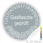 Gasflaschenprüfsiegel mit Angaben zum nächsten Prüftermin, geeignet für Flaschen mit einem Durchmesser von 20-50 mm.