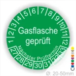 Grüner Prüfaufkleber für Gasflaschen mit dem Text "Gasflasche geprüft" und Angaben zum nächsten Prüftermin, geeignet für Flaschen mit einem Durchmesser von 20-50 mm.