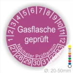 Gasflasche geprüft Prüfplakette lila rund mit Monats- und Jahresanzeige zur Markierung des nächsten Prüftermins – selbstklebender Prüfaufkleber Ø 20–50 mm Startjahr 27