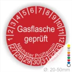 Runder Aufkleber zur Kennzeichnung von geprüften Gasflaschen mit dem Text "Gasflasche geprüft" und Angaben zum nächsten Prüftermin. Ideal für die Sicherheit von Gasflaschen im Einsatz.
