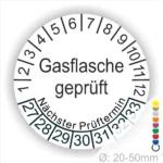 Gasflaschenprüfsiegel mit dem Hinweis "Gasflasche geprüft" und dem nächsten Prüftermin, geeignet für Flaschen mit einem Durchmesser von 20-50 mm.