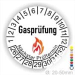 Prüfplaketten, Prüfetiketten rund, Farbe- Weiß, Text "Gasprüfung" in Schwarz danach eine Flamme als Pictogramm oder Icon in Rot, Startjahr- 26, Monatszahlen Oben und Jahreszahlen Unten in Kreisform. Über den Jahreszahlen Text "Nächster Prüftermin"