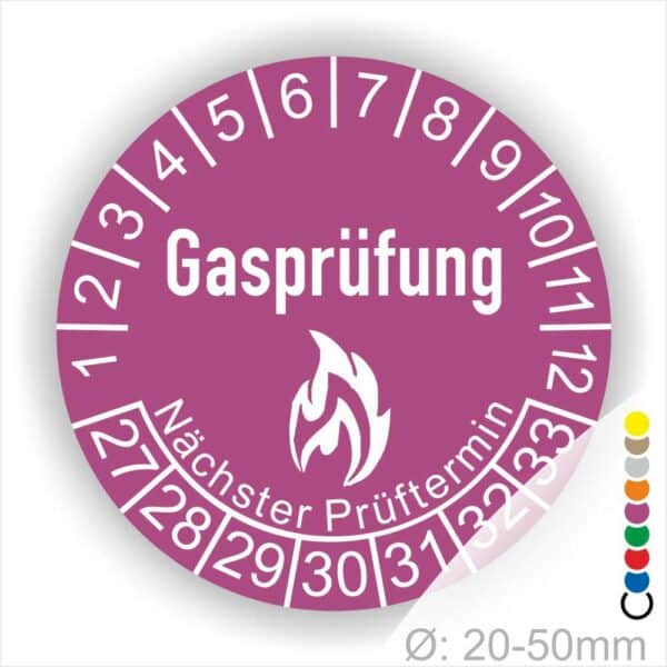 Prüfplaketten, Prüfetiketten rund, Farbe- Lila, Text "Gasprüfung" in Weiß danach eine Flamme als Pictogramm oder Icon in Weiß, Startjahr- 26, Monatszahlen Oben und Jahreszahlen Unten in Kreisform. Über den Jahreszahlen Text "Nächster Prüftermin"