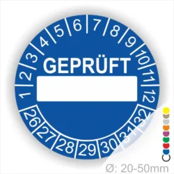 Runde blaue Prüfplakette „GEPRÜFT“ mit Beschriftungsfeld, Monatsring und Jahresring zur Kennzeichnung geprüfter Geräte und Anlagen, Ø 20–50 mm
