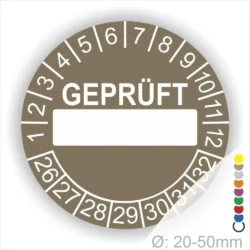 Prüfsiegel mit den Aufschriften "GEPRÜFT" und einer leeren Fläche zur individuellen Beschriftung, geeignet für Objekte mit einem Durchmesser von 20-50 mm.