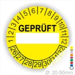 Runde gelb Prüfplakette „GEPRÜFT“ mit Beschriftungsfeld, Monatsring und Jahresring zur Kennzeichnung geprüfter Geräte und Anlagen, Ø 20–50 mm