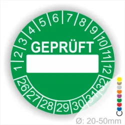 Grünes Prüfetikett mit der Aufschrift "GEPRÜFT" und Platz für eine individuelle Kennzeichnung, geeignet für die Verwendung auf Objekten mit einem Durchmesser von 20-50 mm.