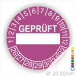 Prüfzertifikat Aufkleber in lila mit der Aufschrift "GEPRÜFT" und Platz für das Datum, geeignet für Durchmesser von 20-50 mm. Ideal für Sicherheitskontrollen und regelmäßige Prüfungen.