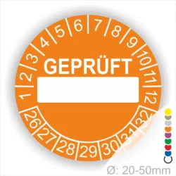 Runde orange Prüfplakette „GEPRÜFT“ mit Beschriftungsfeld, Monatsring und Jahresring zur Kennzeichnung geprüfter Geräte und Anlagen, Ø 20–50 mm